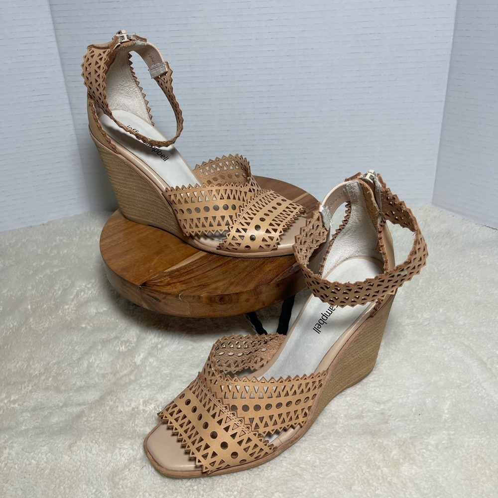 Jeffrey Campbell Tan Wedge Sandals Womens 8.5 Cutout Ankle Strap